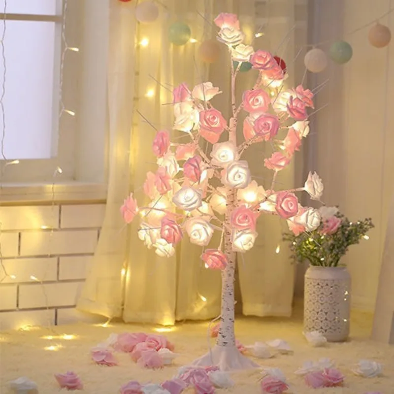 Stylish USB Christmas Tree Lamp with Glowing Rose Flower, Ideal for Ins Bedroom Decor and Living Room