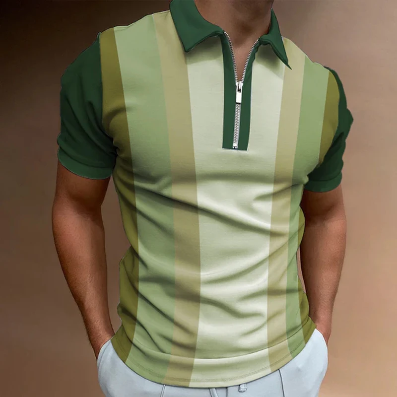 

Striped Color Contrast 3D Print Polo Zipper Short Sleeve Shirt for Men