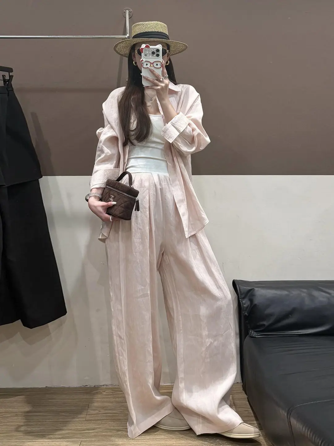 Fashionable Pink Long Sleeve Shirt Women's Casual Wide Leg Pants Set 2026 Year Style High Waist Button up Spring Outfit