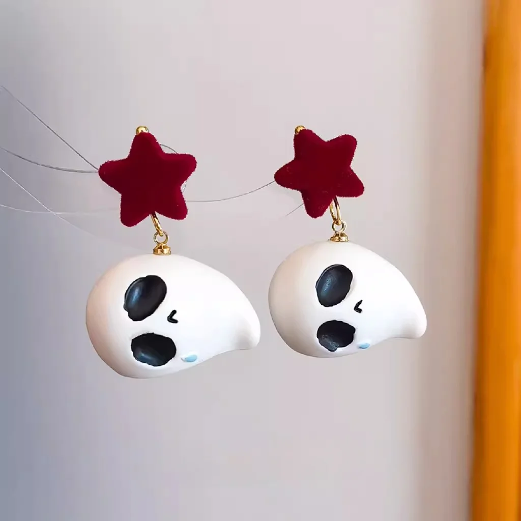 

Newly Arrived Jewelry White Ceramic Crying Expression Flocking Red Star Ghost Earrings UNISEX Punk Hip-hop Halloween Earrings