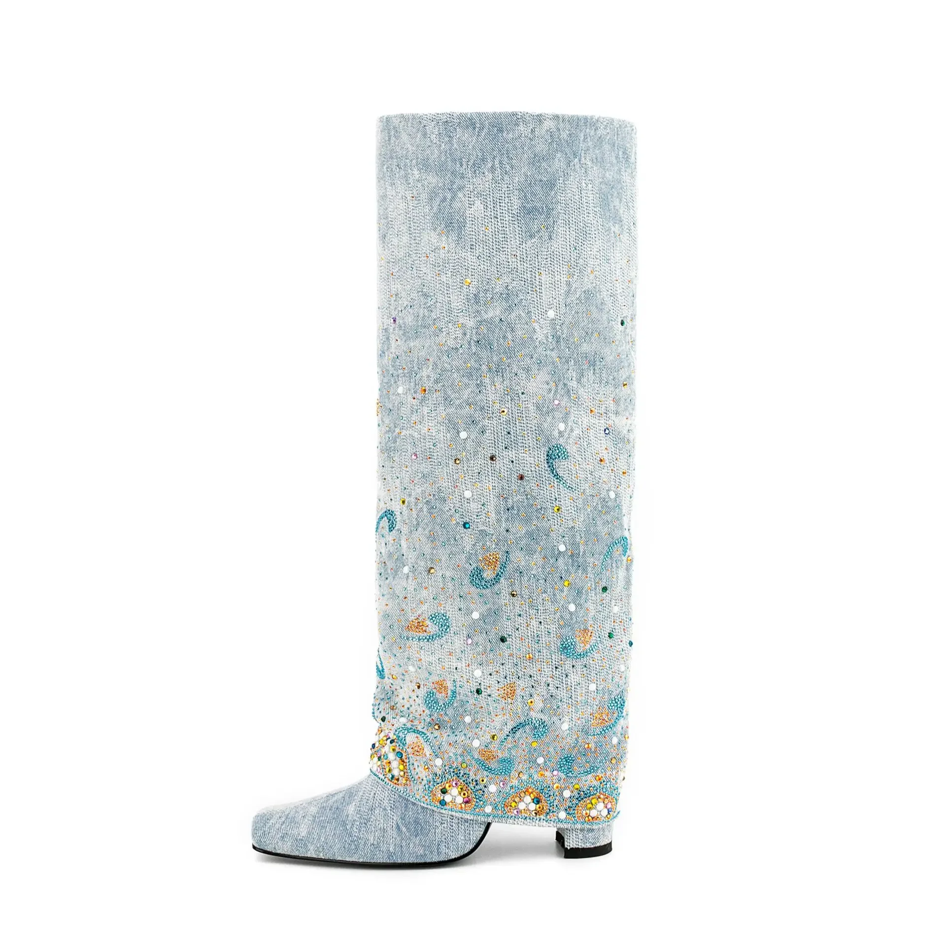 Light Blue Fashion Denim Fabric Boots Knee-high Square Toe Chunky Heel Bling Crystal Slip-on Large Size Spring Autumn Women Shoe