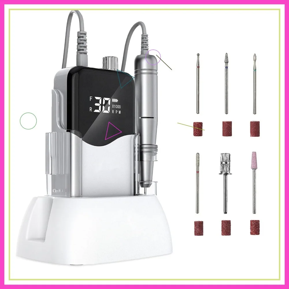 ポータブル充電式ネイルドリルキット、35000RPM電動ファイルとLEDディスプレイ付き、マニキュア、ペディキュア、サロン、家庭用DIYに最適