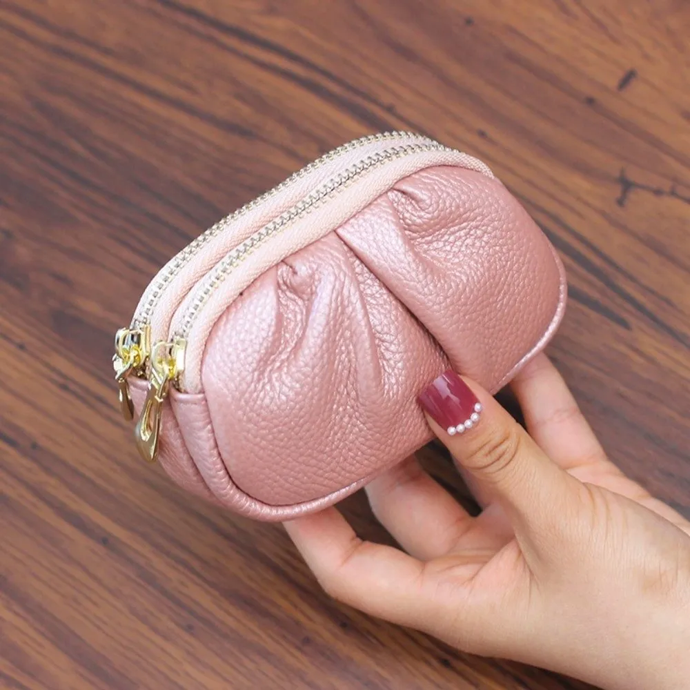 Elegant Wrinkle Mini Wallet Zipper Solid Color PU Leather Coin Purse Multifunctional Double-layer Card Holder Key