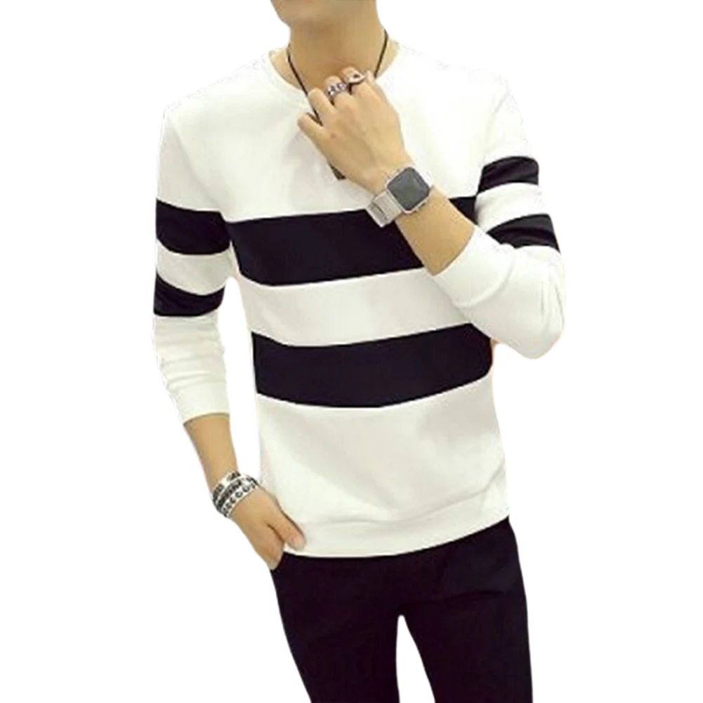 Men Fleece Lined Printed Striped Long-Sleeve Pullover Sportswear for Office Casual