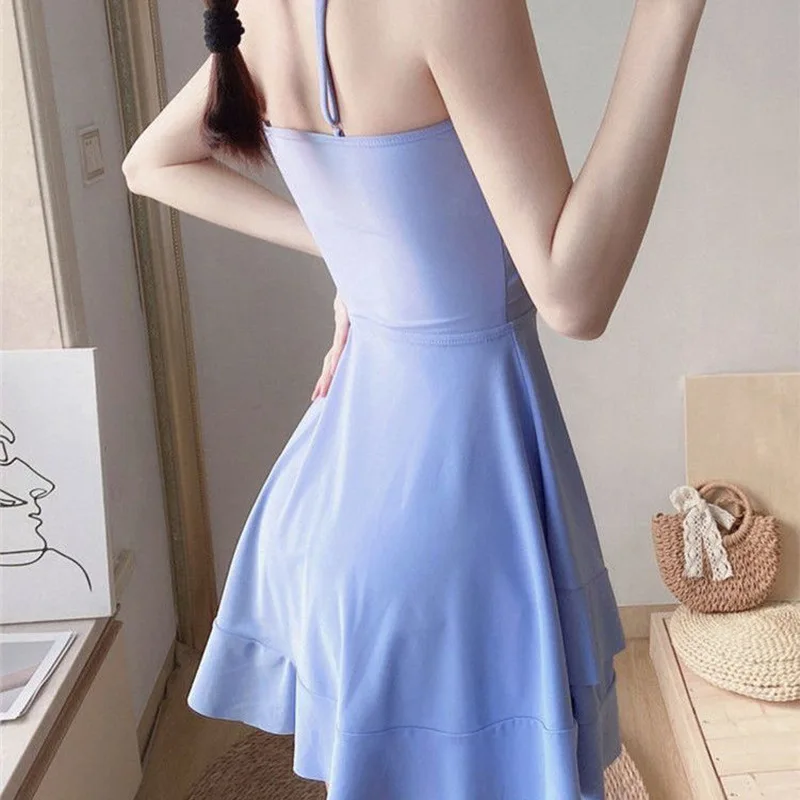 Korean Style 2 Piece One Piece Swimsuit With Cover Up Skirt Set Women Push Up Slimming Solid Color Summer Beachwear