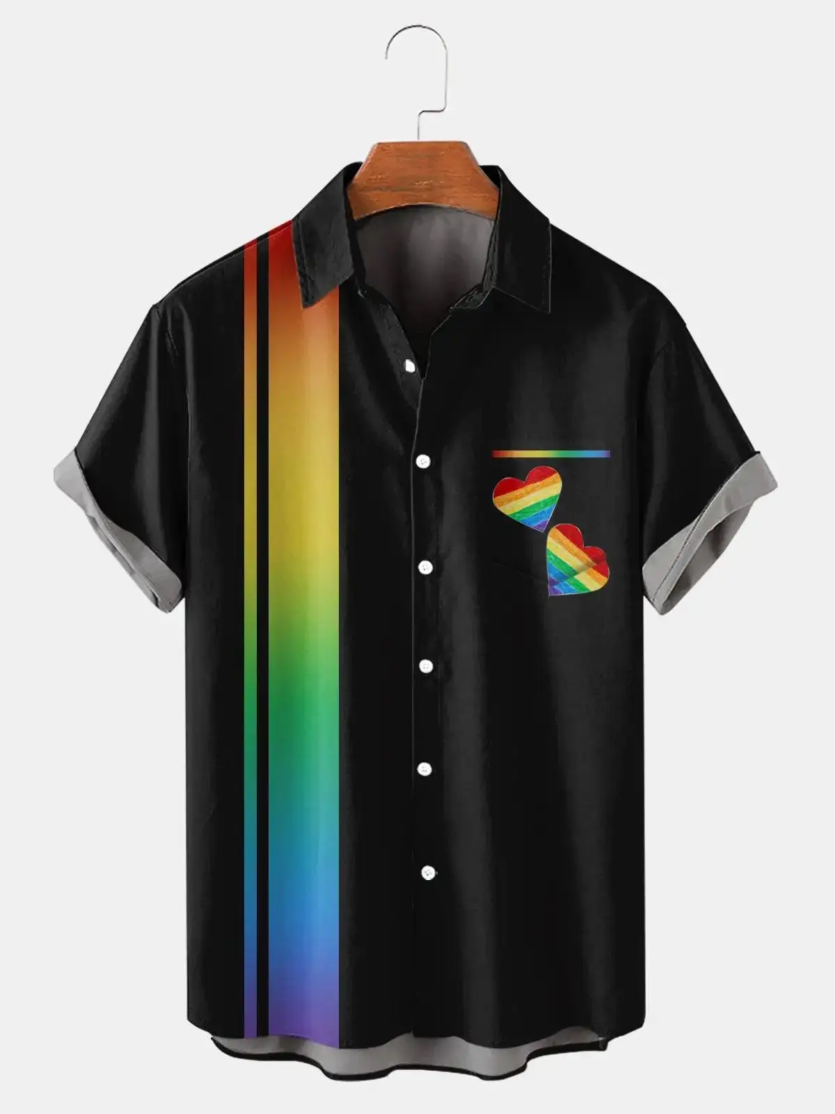 ใหม่Gradient Rainbow Graphicผู้ชายลําลองแขนสั้นกระเป๋าเสื้อลําลองเสื้อสําหรับชายTops