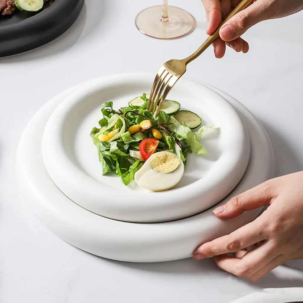 

1 шт. Матовая тарелка для пасты с толстым ободком, изысканная керамическая тарелка для стейка, поднос для подачи западных блюд, элегантная кухонная посуда для сервировки стола