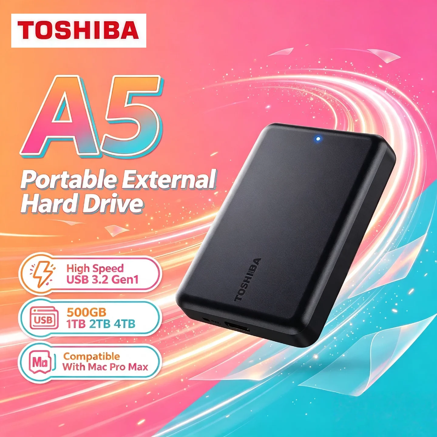 Toshiba A5 Series Small Black Portable Hard Drive High Speed USB 3.2 Gen1 Compatible With Mac 500GB 1TB 2TB 4TB Pro Max