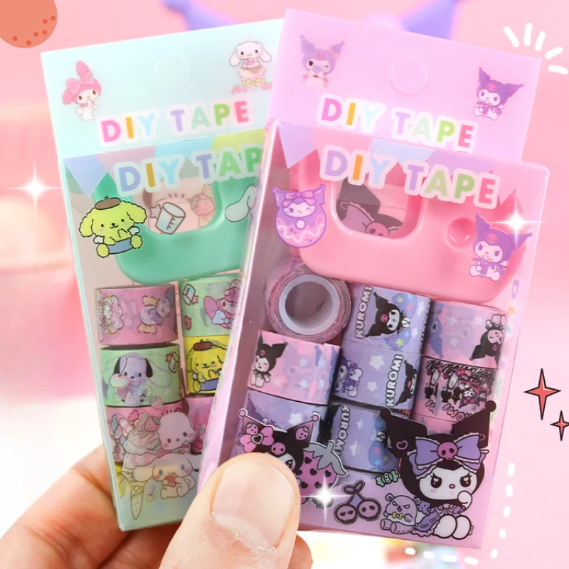 12 Rolls/box Sanrio Tape Sticker DIY Kawaii Kuromi Hello Kitty Cinnamoroll Tape Strips Adhesive Paper Photo Stickers Decorative