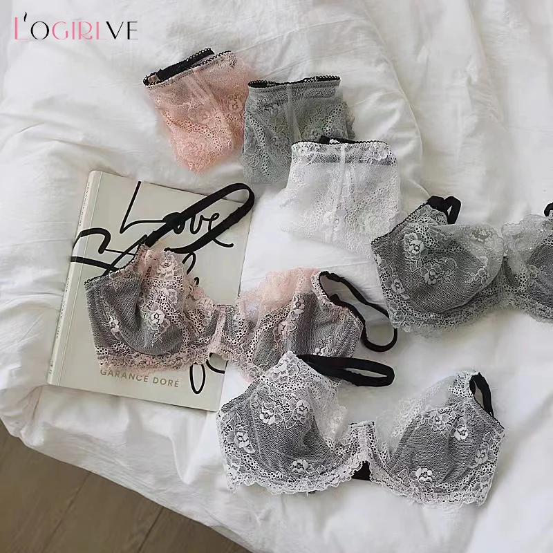 Logirlve 3Piece Sexy Thin Bra Plus Size Underwear Set Women Transparent Bra Set 3/4 Cup Classic Lace Bra Embroidery Lingerie Set