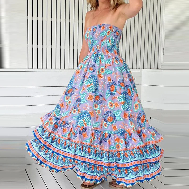 Sexy feminino fora do ombro bolo vestidos casuais cintura alta babados vestido de festa 2025 verão novo boêmio impresso longo vestido em camadas