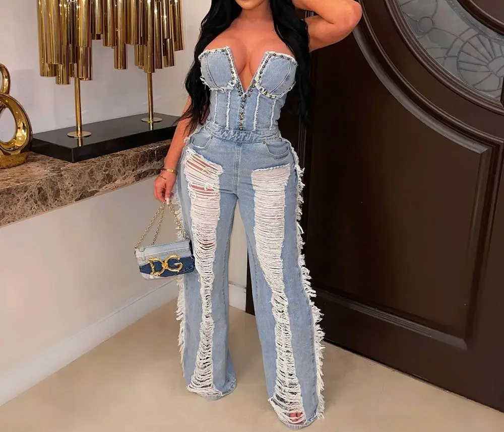 Fashion Trend Jumpsuite Femme Hollow Out  Overalls For Women Studded Diamond Strapless Backless Jeans Street