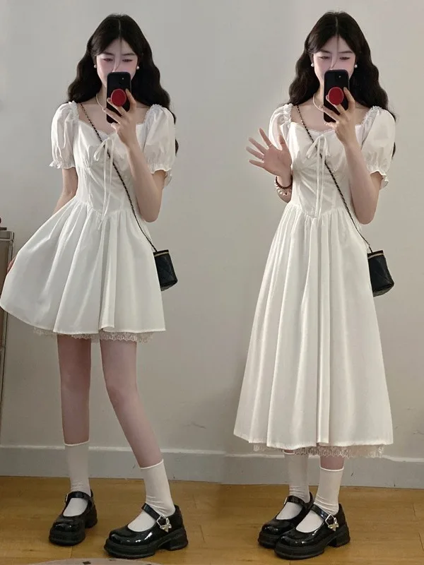 

plus Size Women's Gentle White Lace Splice Bubble Sve Dr Summer New Waist Cinching A-Line Skirt Korean Sle Commute
