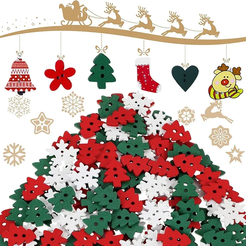 50-150pcs Christmas Wooden Buttons Ornament Decorative Clothing Sewing with 2 Holes Claus Snowflake Cutout Slices DIY Handcraft