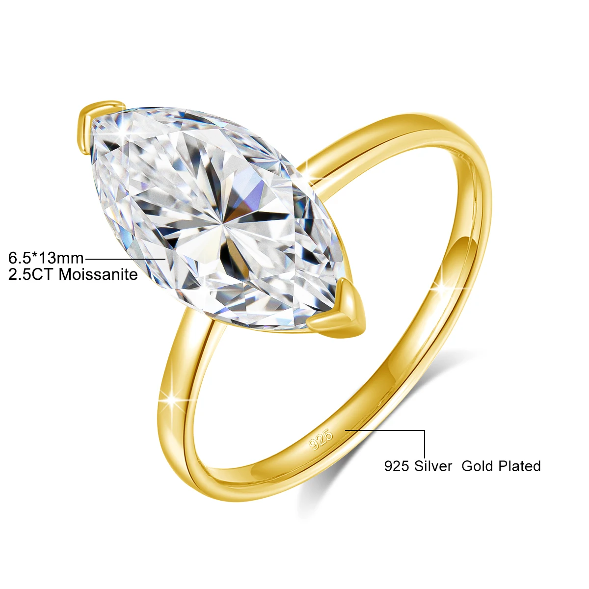 6,5*13mm 2,5ct Marquise-Schliff Moissanit-Ringe für Damen, 18k vergoldet, 925 Sterling Silber, Solitär-Ehering, Brautschmuck – Detail 1