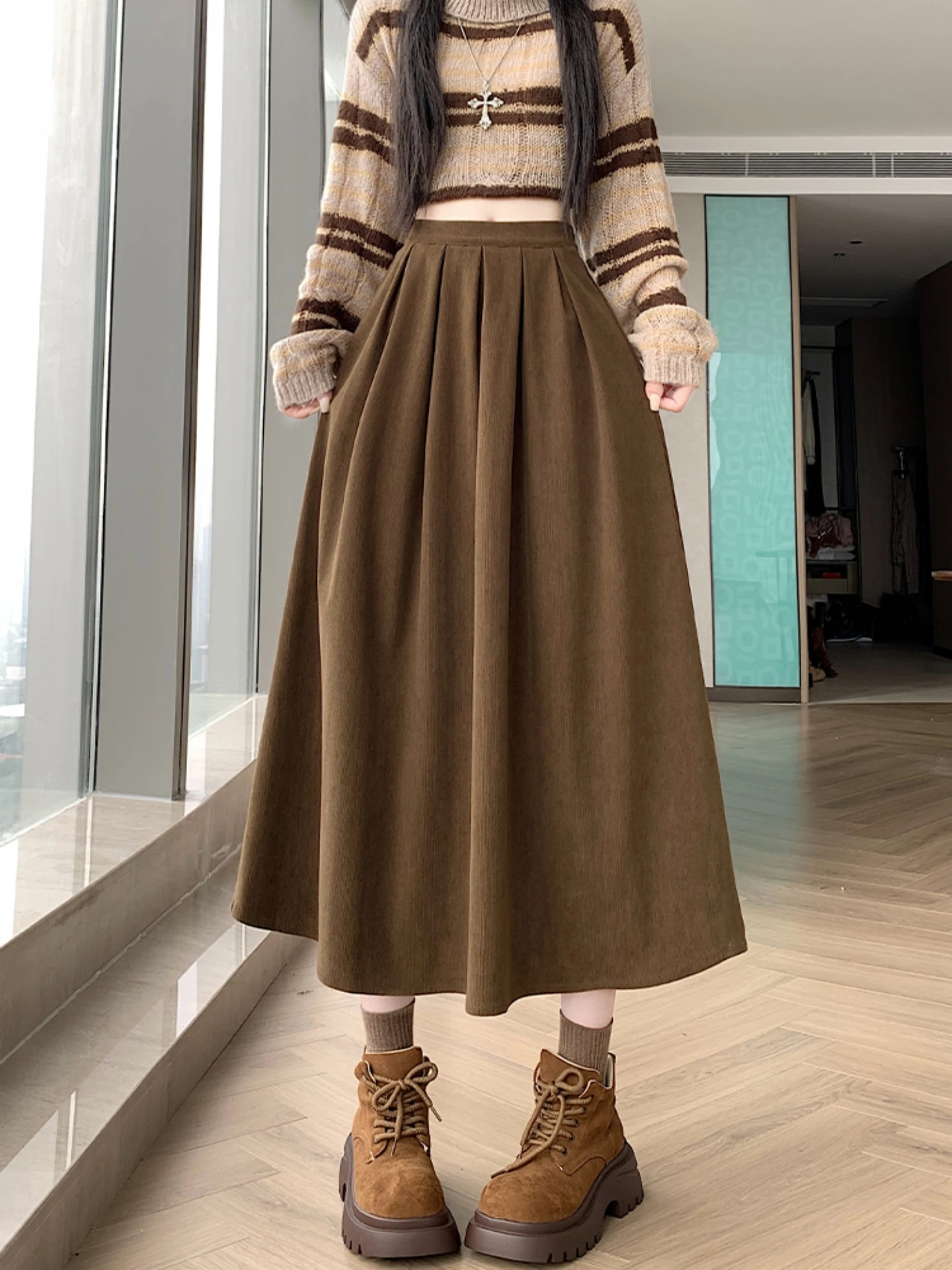 Khaki Corduroy Pleated Half Skirt Women's Spring Autumn plus Size Conceals Hips High Waist A-Line Long Skirt Maxi Skirt