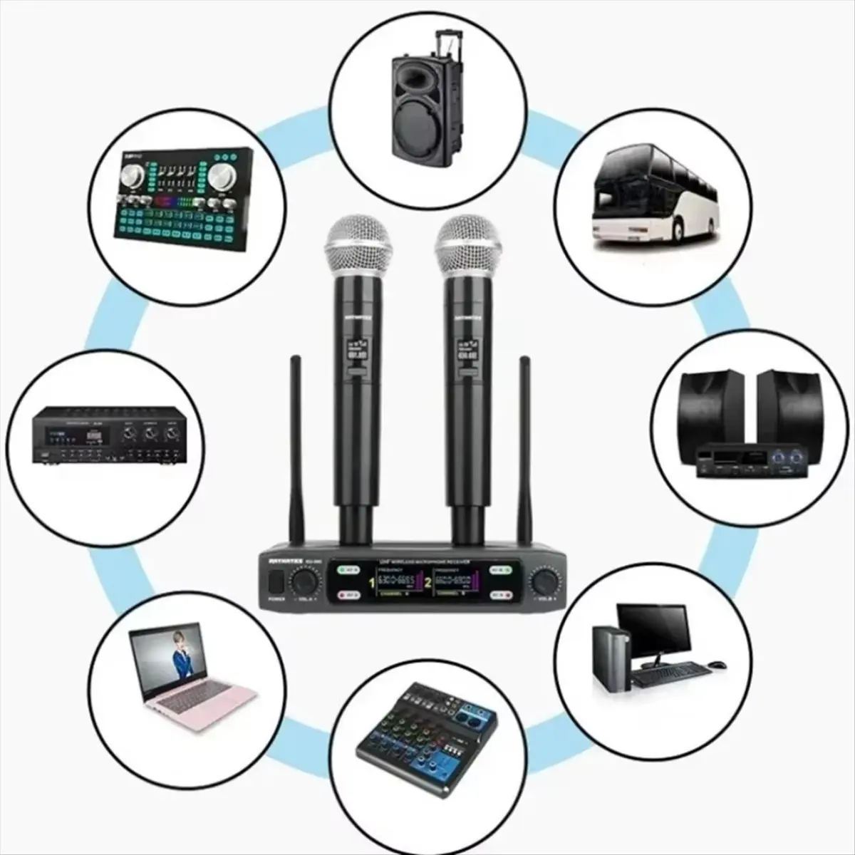 T1584C-Dual Channel Professional Wireless Microphone System UHF Frequency Cordless Dynamic Mic for Karaoke Party Meet EU Plug HO