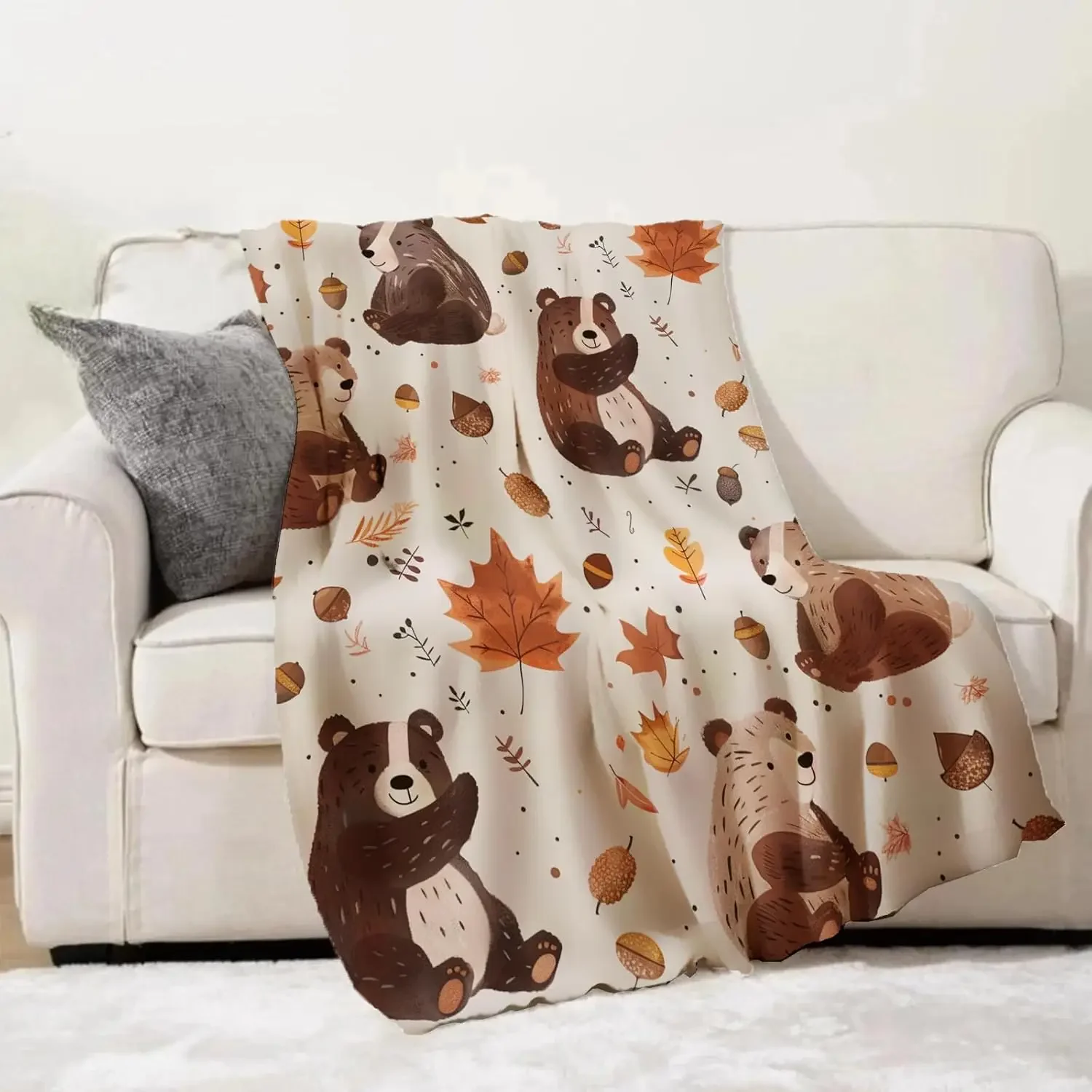 

Bear Pattern Blanket Gifts Cozy Autumn Bears with Leaves Fleece Throw Soft Lightweight Blanket for Kids and Nature Lovers