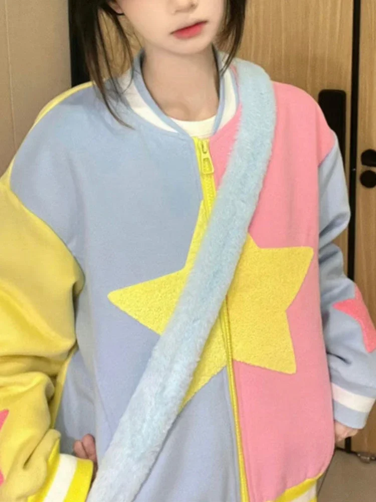 ADAgirl Star Baseball Jacket Women Rainbow Contrast Color Sporty Gropcore Zip Up Coat Harajuku Long Sleeve Korean Kpop Clothes