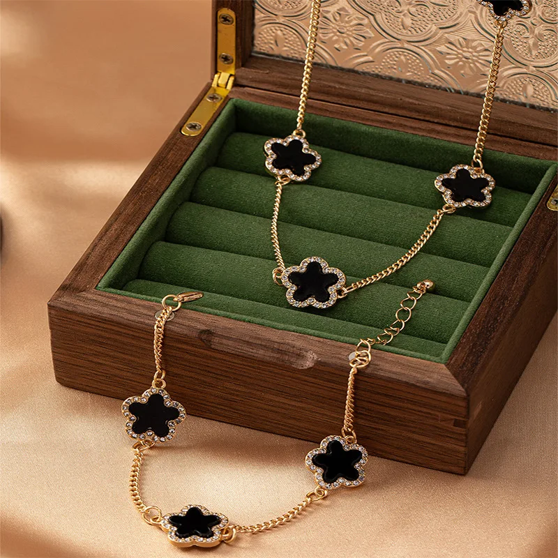 Jewelry Sets For Women Geometric Glass Enamel Flower Necklace Bracelet Two-piece Set Party Gift OL Holiday S018