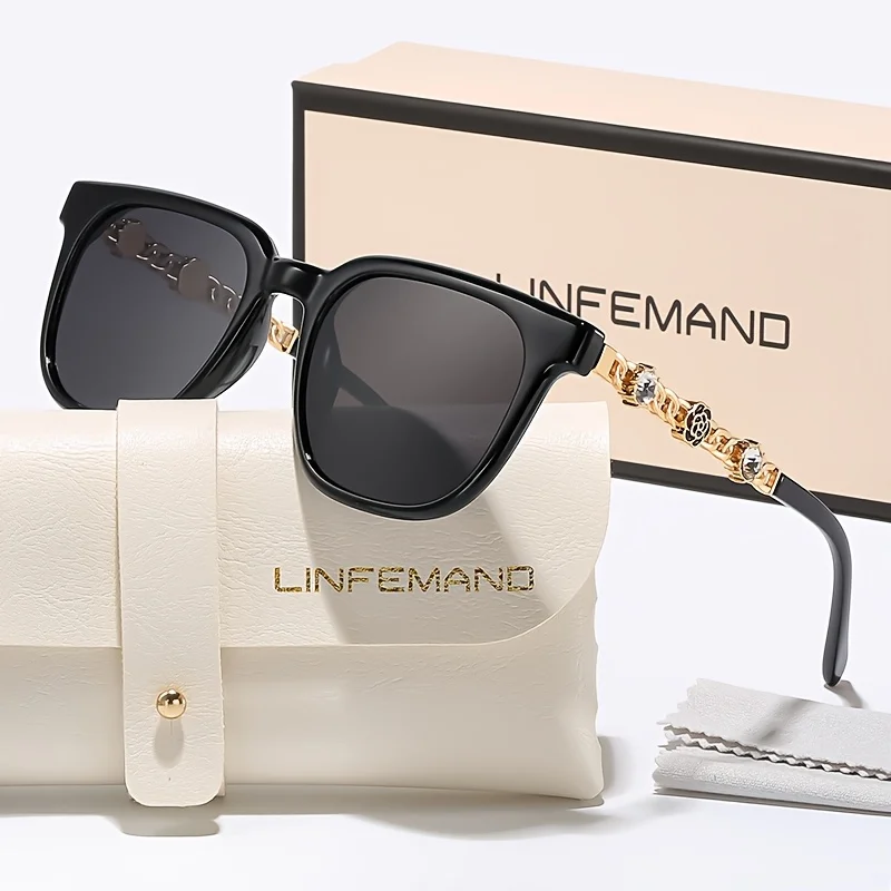

LINFEMAND квадратная оправа, декоративные модные женские солнцезащитные очки UV400, металлическая цепочка, цветочное украшение, модный идеальный подарок на праздник