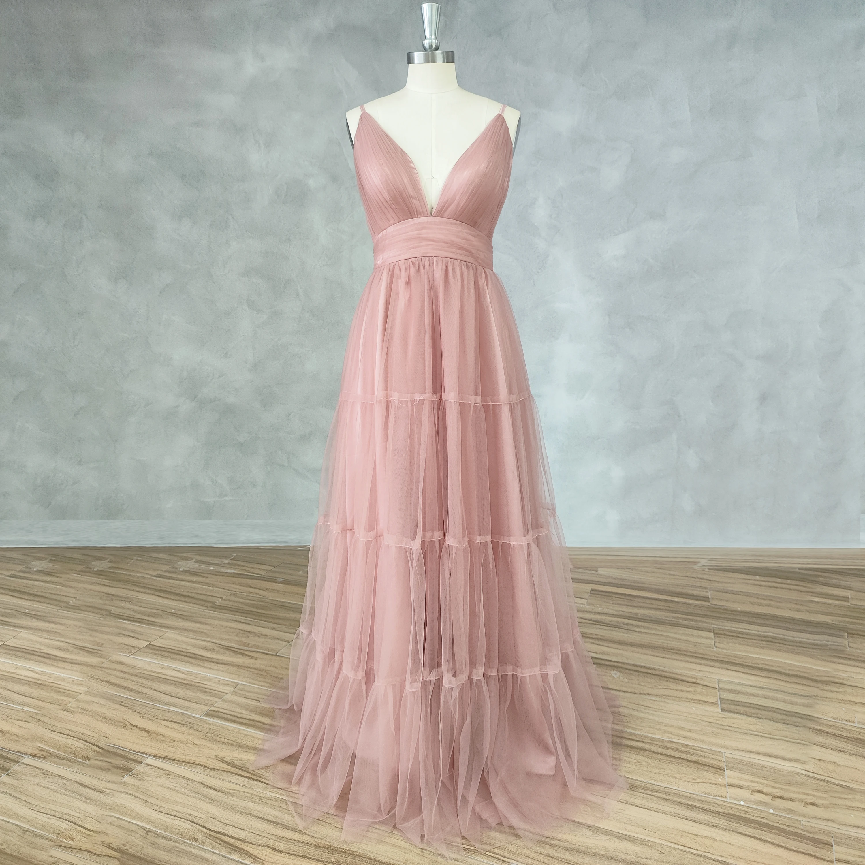 DIDEYTTAWL Real Picture Dusty Pink Deep V-Neck Sleeveless Backless Prom Dresses Ruched Tulle A-line Floor Length Evening Gown