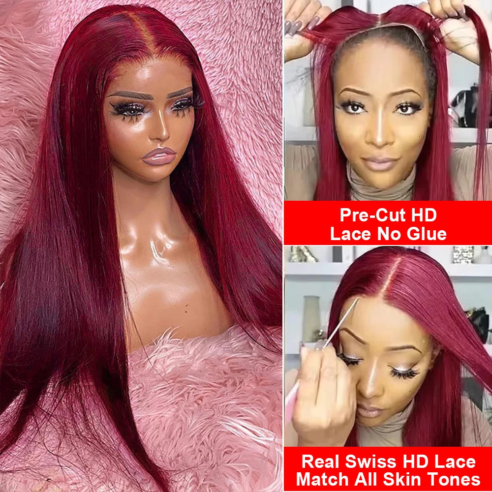 Burgundy Glueless Wigs Human Hair Ready To Wear Preplucked Straight 99J Red Color 13x6 HD Lace Frontal Wig Human Hair For Women