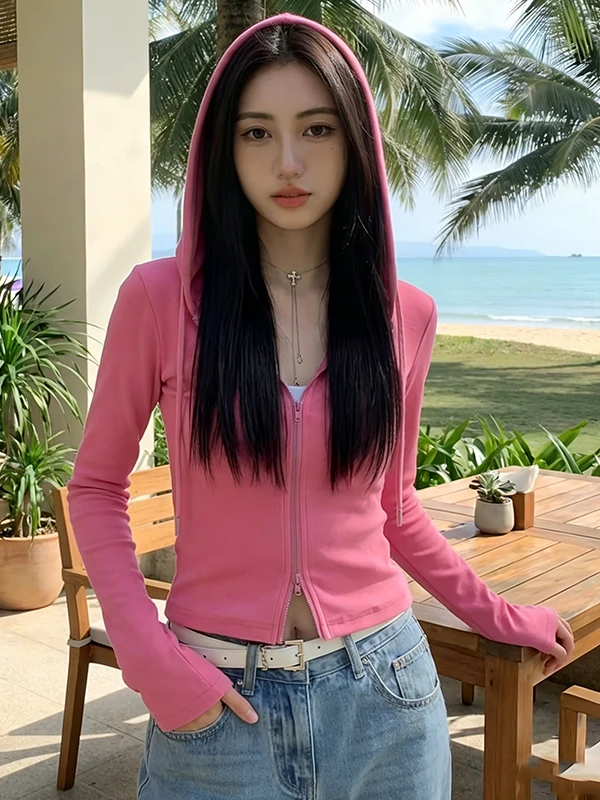 

Розовый кардиган с капюшоном и завязками, женская тонкая верхняя одежда для ранней весны, новинка, повседневная укороченная модель