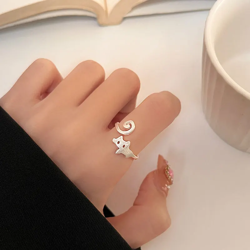 Korean Cartoon Animal Cat Ring Women S925 Sterling Silver Cute Student Friendship Birthday Gift Jewelry Wholesale