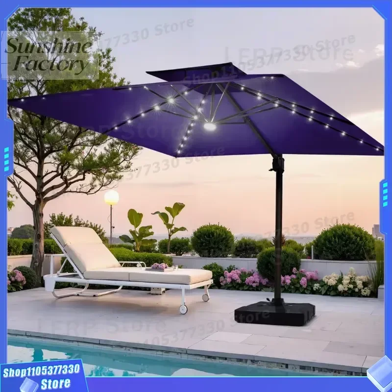 Modern Extra Large UV Protection Windproof Solar LED Patio Umbrella Outdoor Parasol Deck Double Top Square Purple Crank