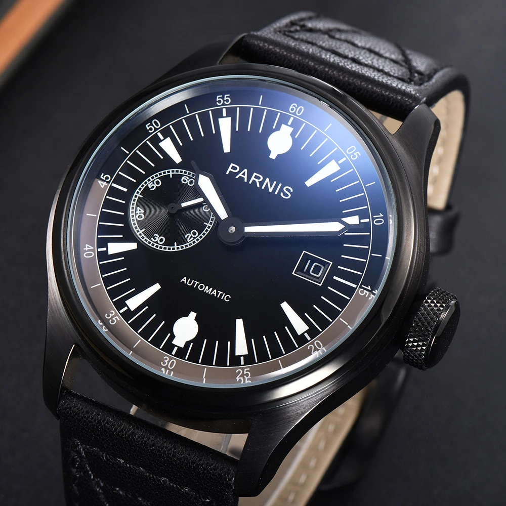 Parnis 46,5 mm in acciaio inossidabile PVD cassa nera cinturino in pelle orologi da polso da uomo