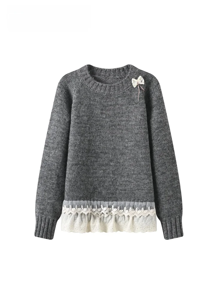 

Ele plus Size Long Sve Lace Splice Women's Sweater Winter New Sle Thiened Woolen Knitted Top for Plump Sister