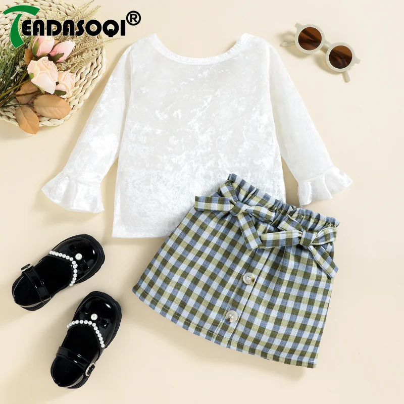 

1-6Y Fall Winter Girl Kids Clothing Long Sleeve Petal Cuff Velvet Printed Tops+Elastic Bow Short Skirt Dress 2Pcs Sets Children