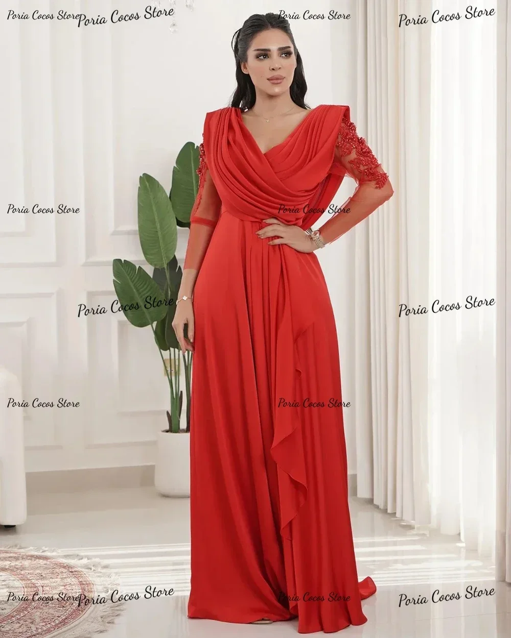 ثوب مسائي رقبة على شكل V وأكمام طويلة من الدانتيل على شكل حرف a فستان الحفلات فساتين شهرة فخمي فساتين للحفلات الراقصة