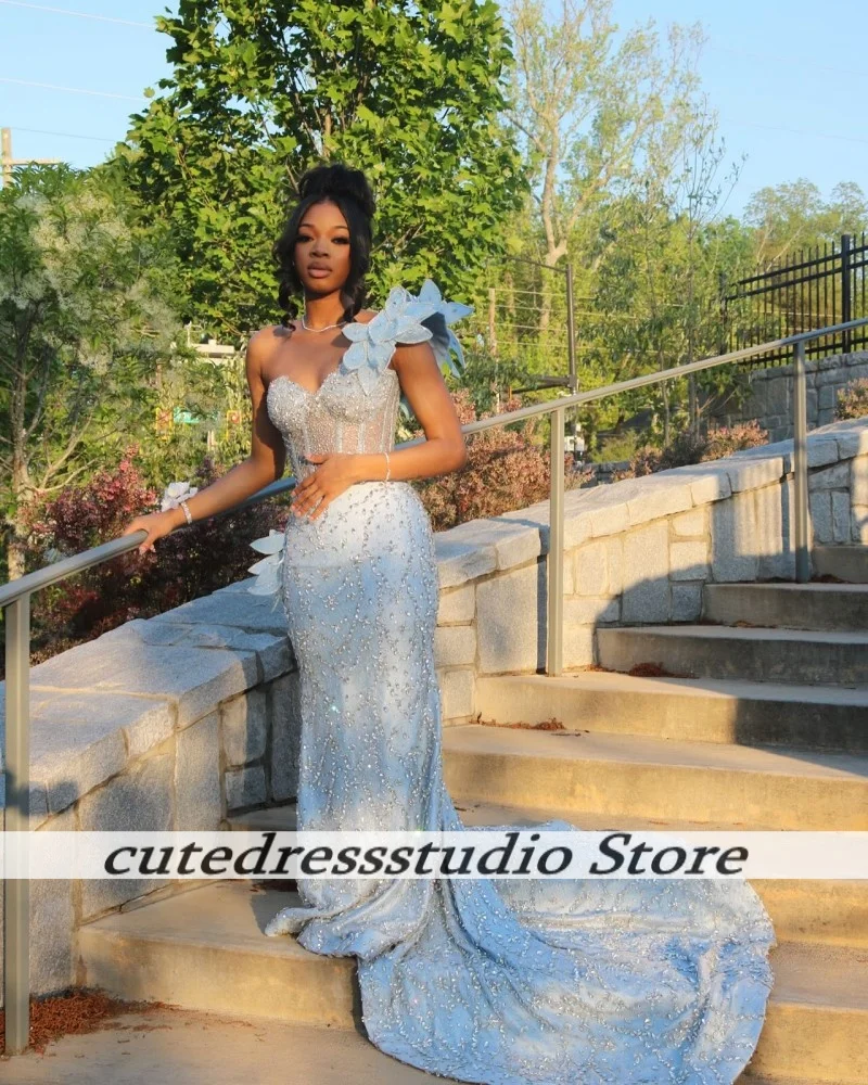 فساتين سهرة رائعة باللون الأزرق الفاتح فاخرة بأحجار الراين والزهور حورية البحر فساتين حفلات فستان نسائي نيجيري مخصص