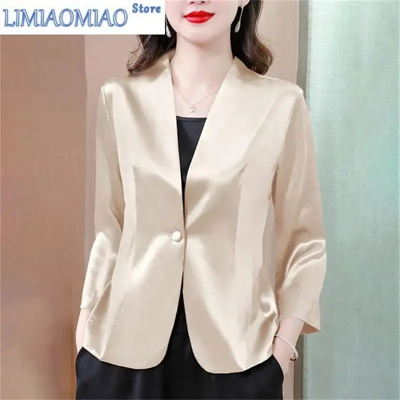 

Spring Suit Jacket Women's V-Neck Shirt Autumn Temperament Ladies Satin surface Silk Suit Short Top Women Blazer Elegant