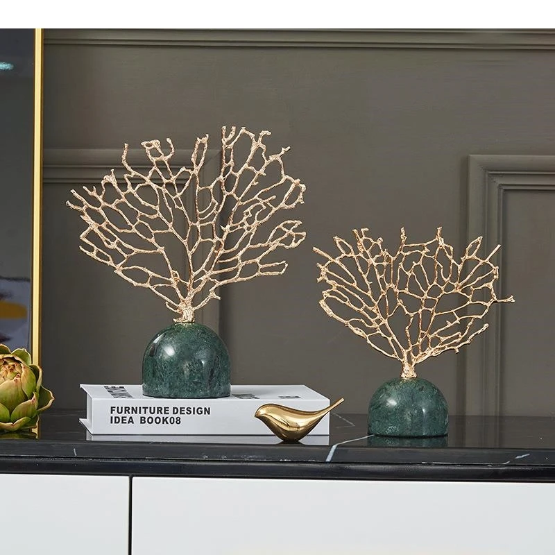 European Style Marble Metal Oval Coral Tree Art Entrance TV Cabinet Desktop Decoration Geometric Modern Home
