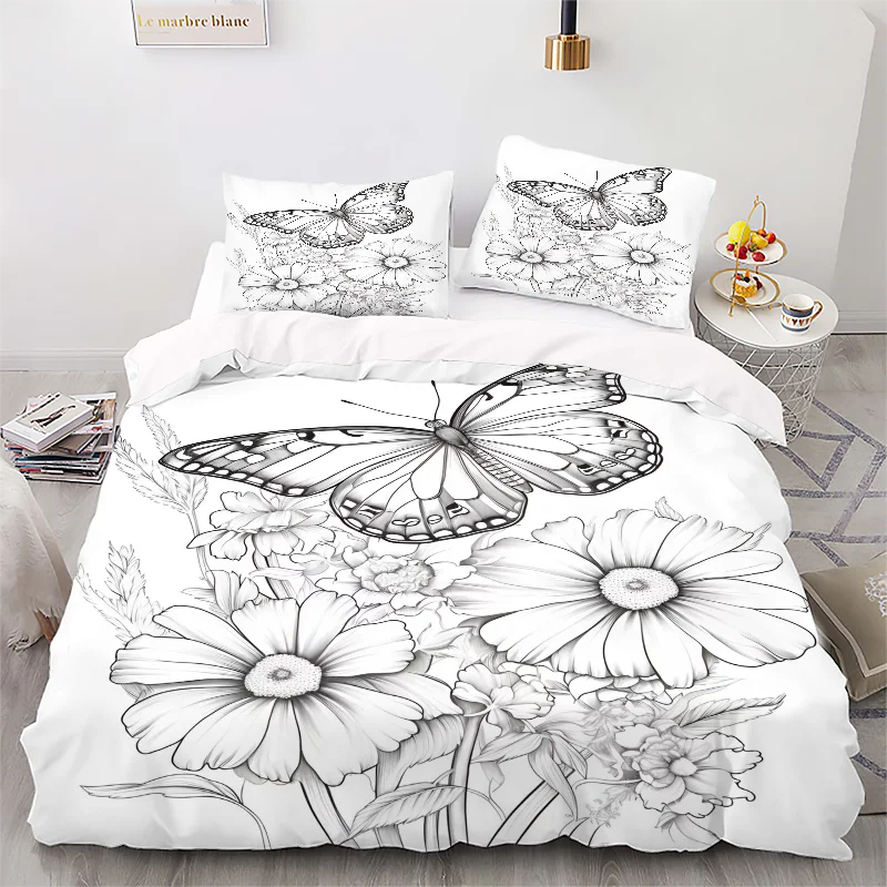 Black and White Butterfly Sketch - Digital Printed Duvet Set - Polyester - Bedroom Decoration -1 Bed cover +2 Pillowcase