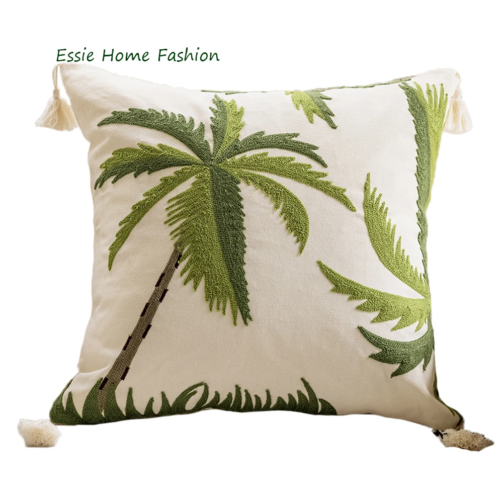 ESSIE HOME Green Palm Tree Embroidered Cushion Cover Pillow Case With Tassel