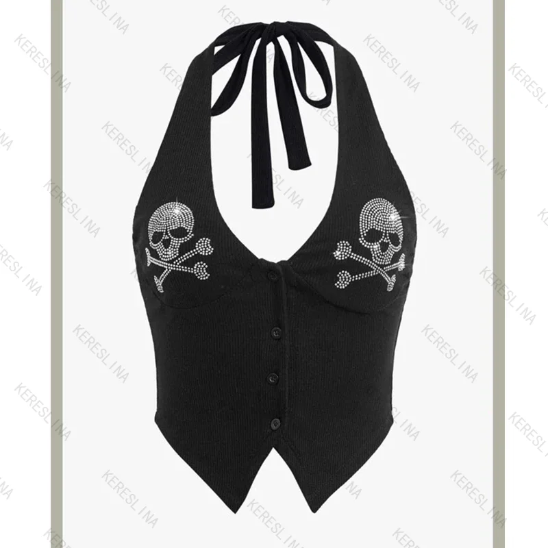 الأوروبية والأمريكية الرجعية مثير فتاة نمط منخفضة الرقبة زر أسفل سترة قصيرة أعلى الصيف Y2k الموضة العصرية تنوعا سترة أعلى ايمو #5