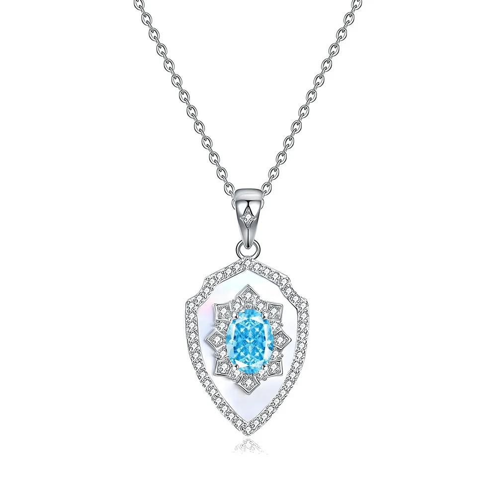 

New Knight Shield Pendant S925 Sterling Silver White Fritillary Sea Blue High Carbon Diamond Necklace Niche Design