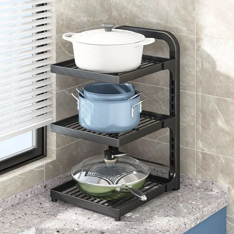 Black Stainless Steel Adjustable Kitchen Cookware Rack To Tier Pot Pan Organizer Height Shelves Load Bearing Cabinet Storage