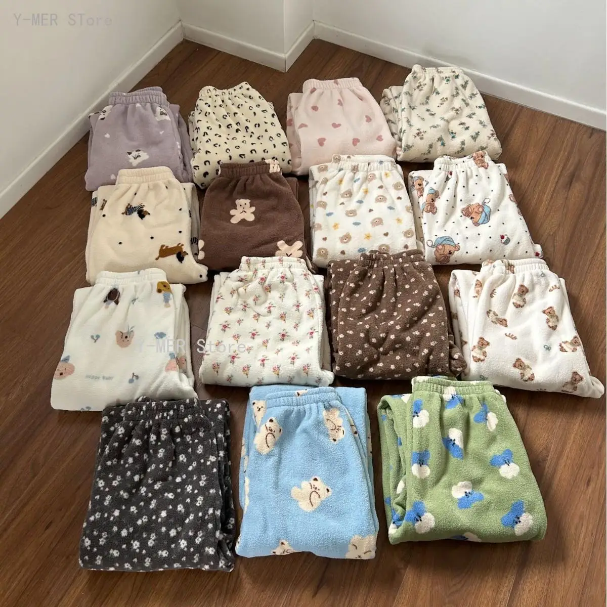 Women Thick Warm Snow Fleece Loungewear Pants, Winter Elastic Waist Ditsy Floral Cute Loose Wearable Outside Pajama Trousers