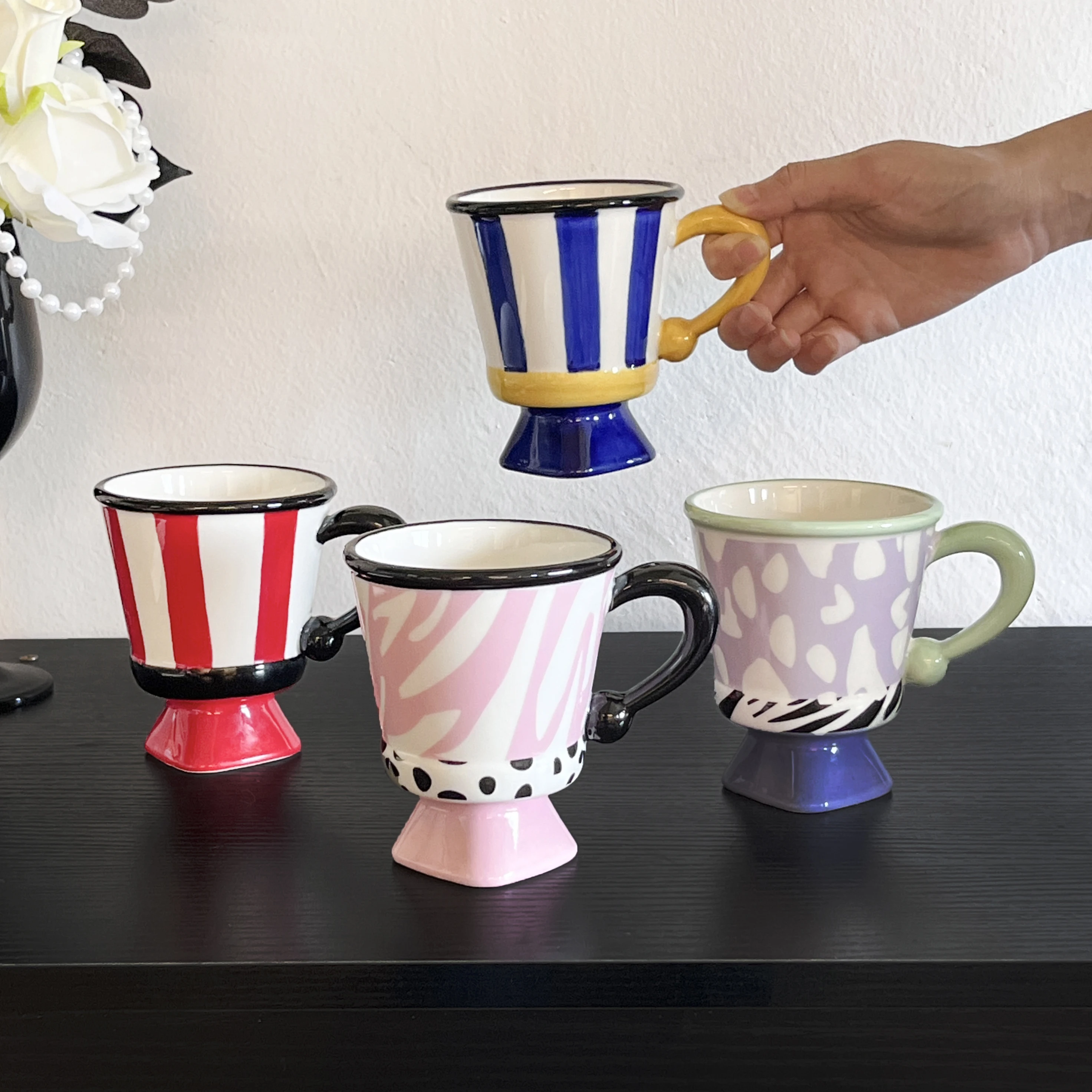 250ml Striped Ceramic Mug Home Office Drinking Cups Creative High Coffee Milk Mugs Personality Splicing Color Pattern Couple Cup