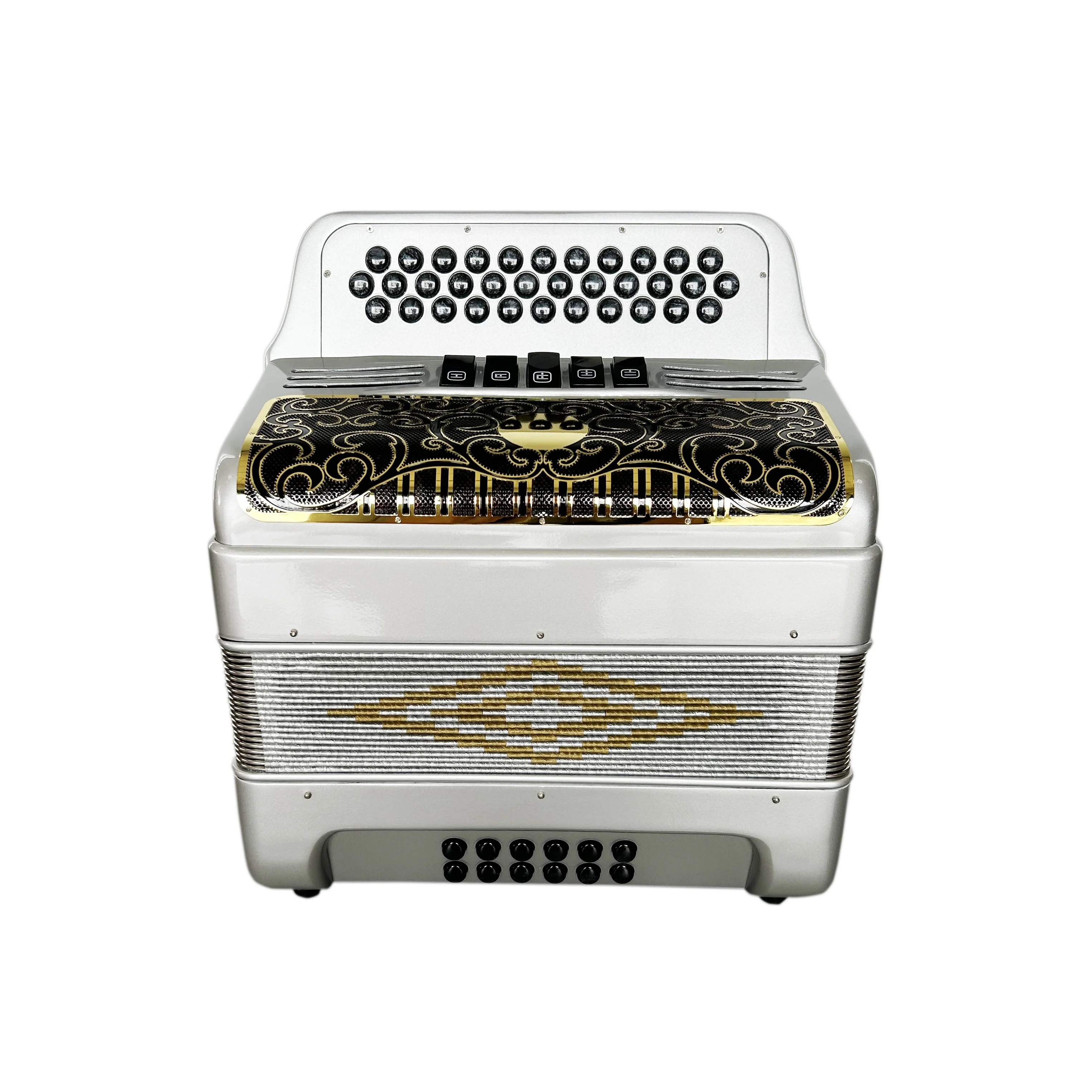 

34-Button 12-Bass 5-Register Accordion Instrument Diatonic Wood JB3412D Silver Body Black Gold Grill Black Buttons