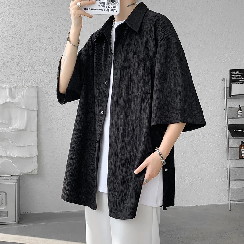 Wine Red Side Buttons Pleated Shirt Black Apricot Harajuku Button Up Korean Short Sleeve Aesthetic Male Shirts Men Blouse