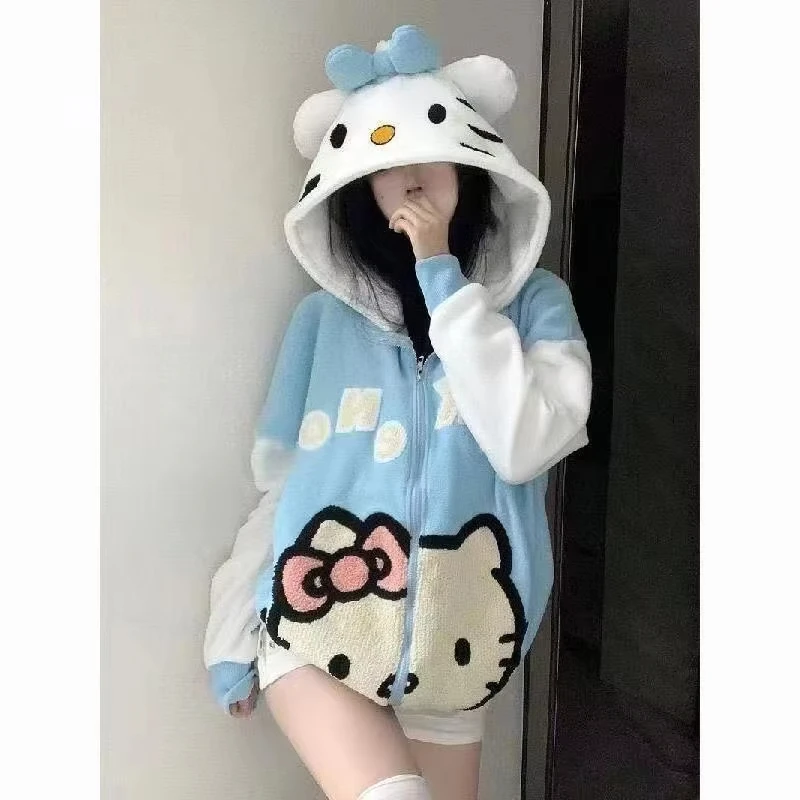 New Hello Kitty Plush Print Oversized Hooded Streetwear Casual Sweatshirt Jacket Sweater Women Coat Y2K Style Zip Up Hoodie Cute