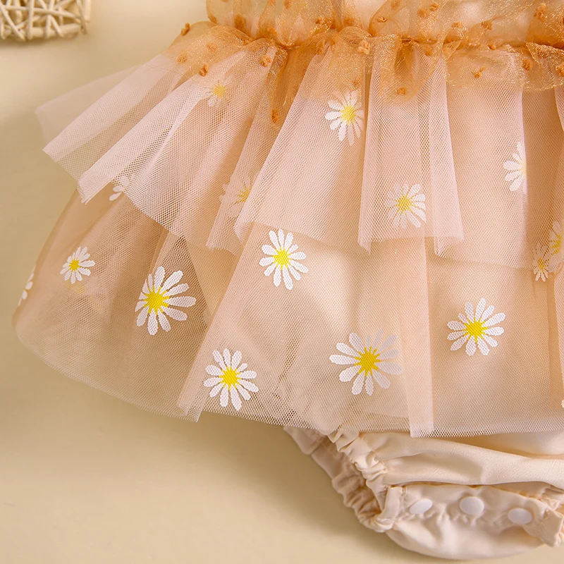 Robe barboteuse en maille brodée de fleurs pour bébé fille, vêtements d'été pour nouveau-né, manches volantes, combinaison et bande de sauna