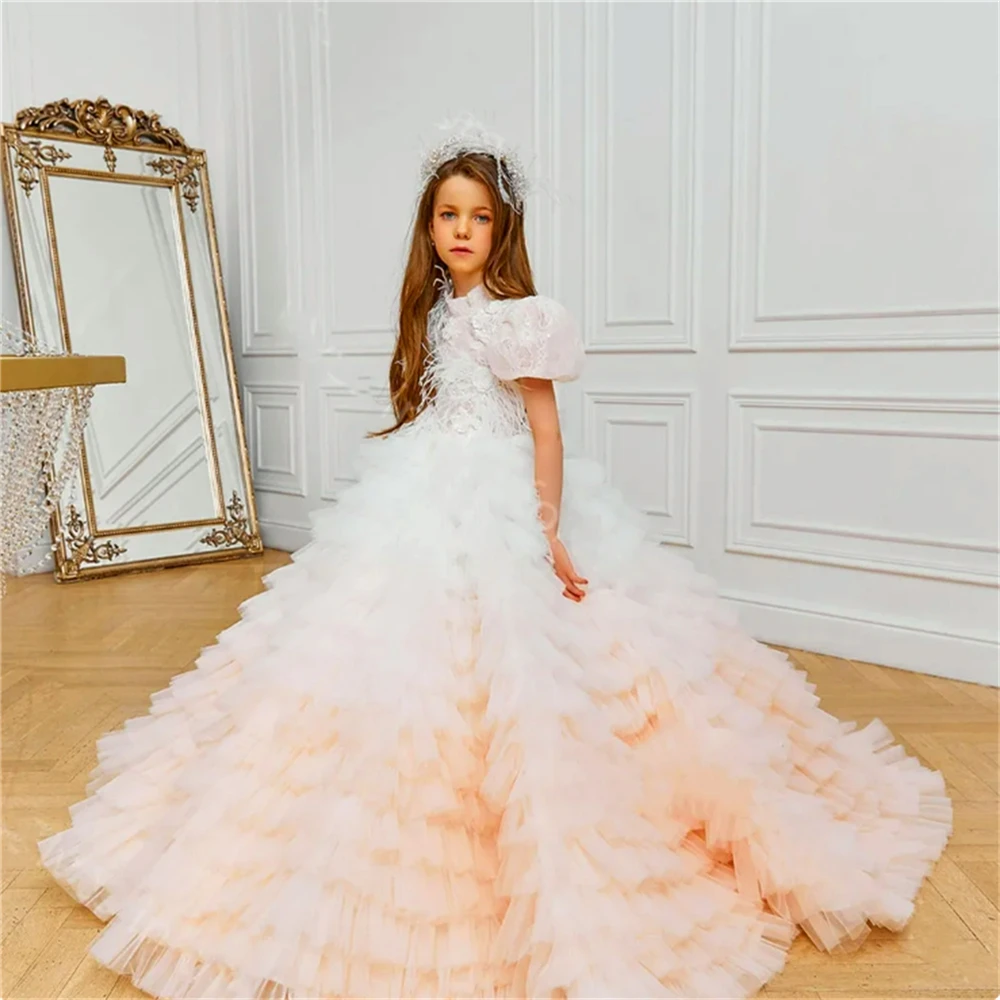 Gorgeous First Communion Dresses  Fluffy Tulle Lace Layered Printing Flower Girl Dress Princess Ball Surprise Birthday Present