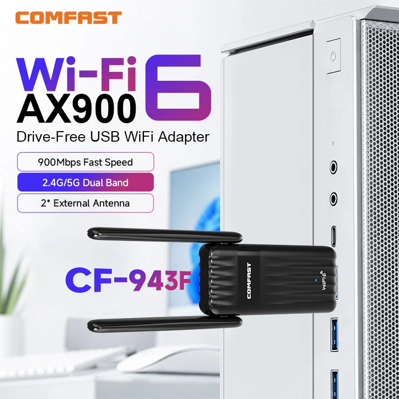 Adaptador Comfast AX900 WiFi6 com Bluetooth 5.3, Dual Band 2.4&5GHz, 900Mbps, Adaptador USB WiFi6 Bluetooth para Windows 10/11